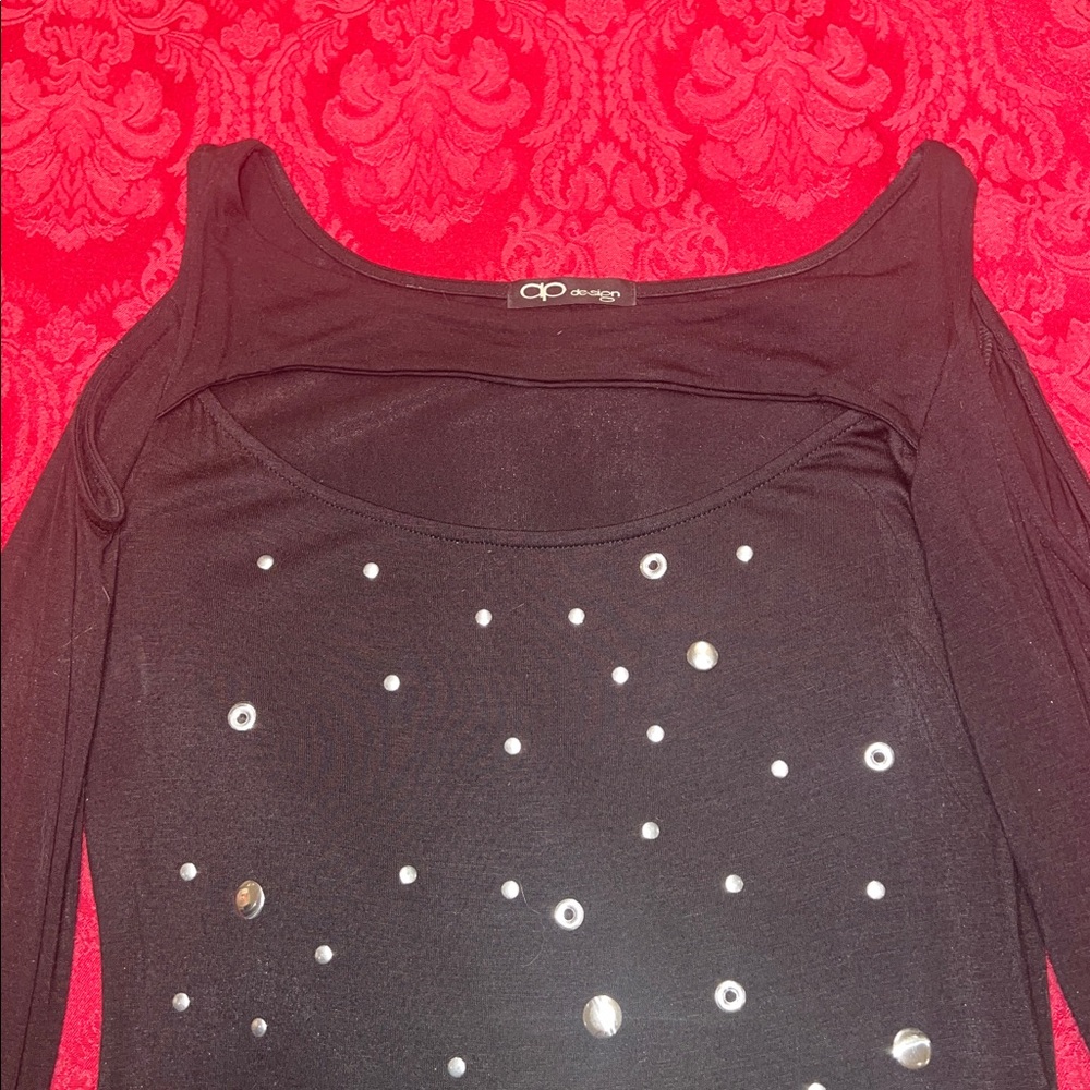 Sexy Black Dress with Cold Shoulder and lots of Silver Studs - Picture 2 of 6